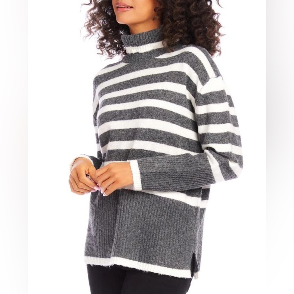 Karen Kane stripe turtleneck Striped Women's Sweater in Charcoal and Ivory